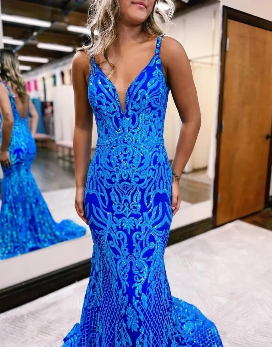 Sequin Mermaid Prom Dresses for Women Long Sparkly Open Back Formal Evening Party Dress