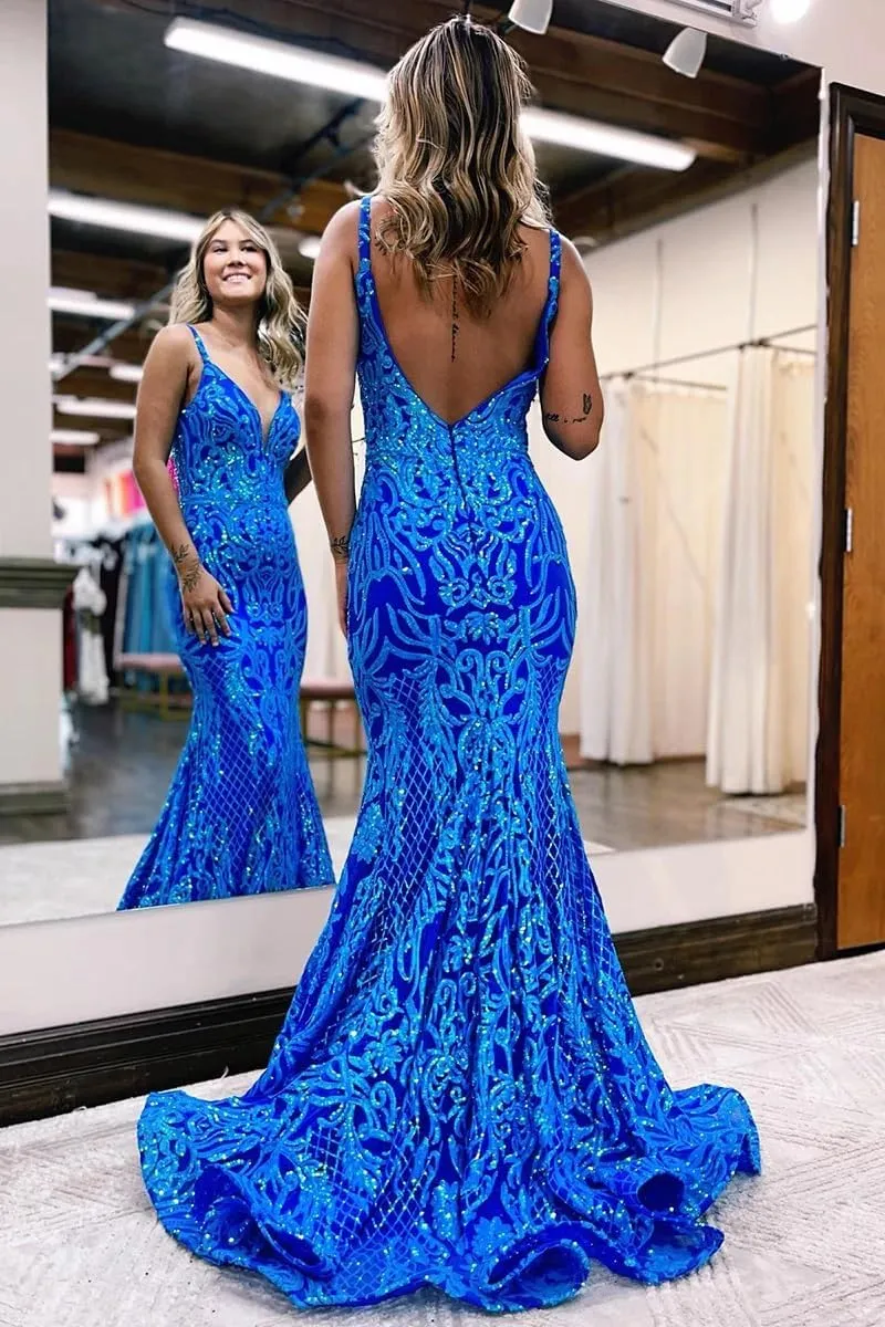 Sequin Mermaid Prom Dresses for Women Long Sparkly Open Back Formal Evening Party Dress