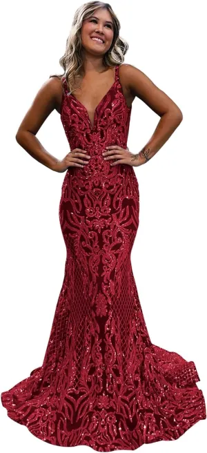 Sequin Mermaid Prom Dresses for Women Long Sparkly Open Back Formal Evening Party Dress