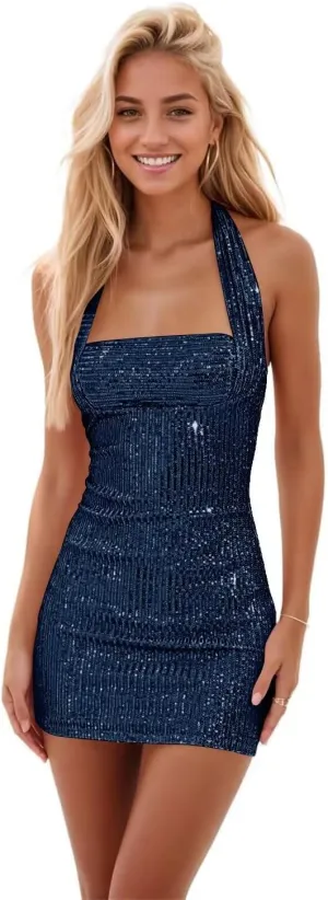 Sequin Sparkly Homecoming Dresses Short for Teens 2025 Halter Open Back Mini Tight Prom Cocktail Party Dress