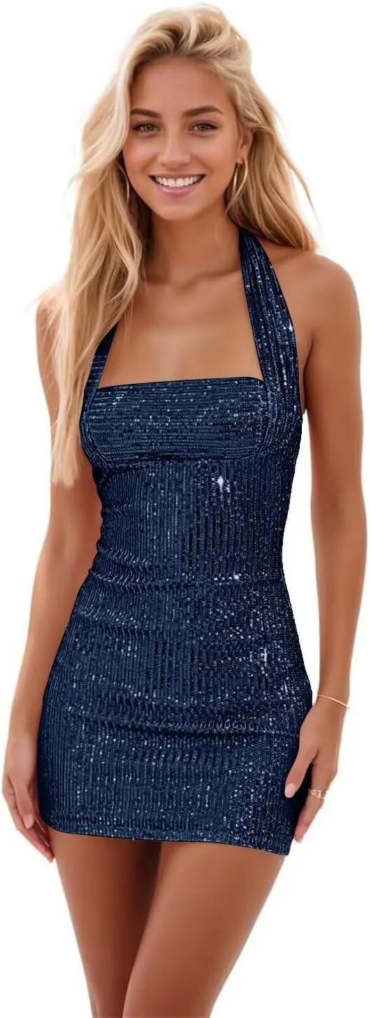 Sequin Sparkly Homecoming Dresses Short for Teens 2025 Halter Open Back Mini Tight Prom Cocktail Party Dress