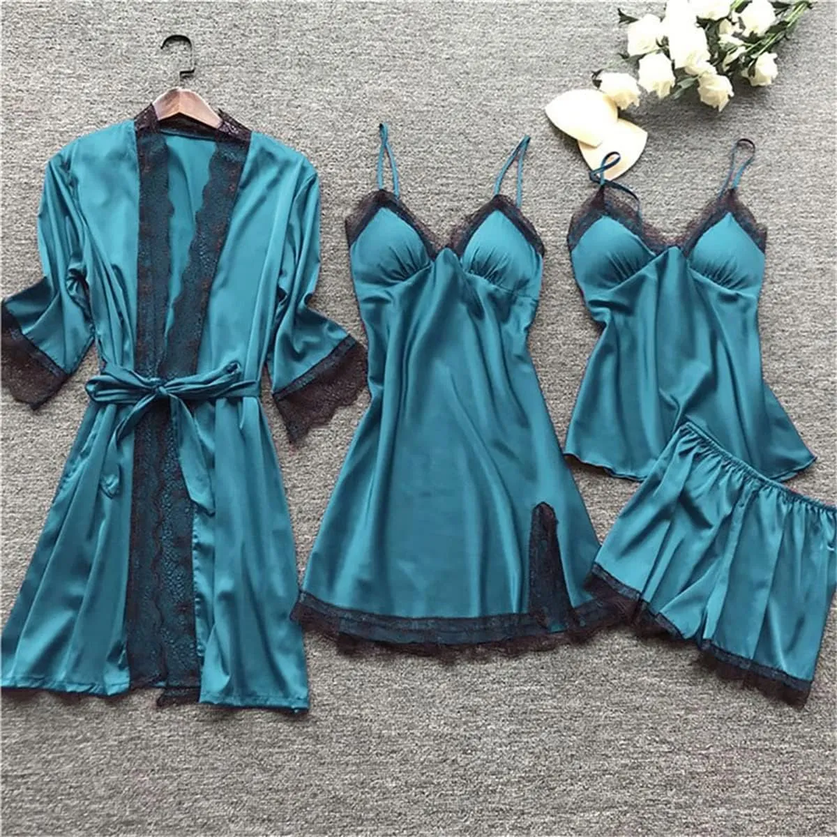 Sexy Pajamas for Women Silk Pajama Set 4pcs Robe Lingerie Satin Sleepwear Nightdress Lace Kimono Nightgown Sets Pjs