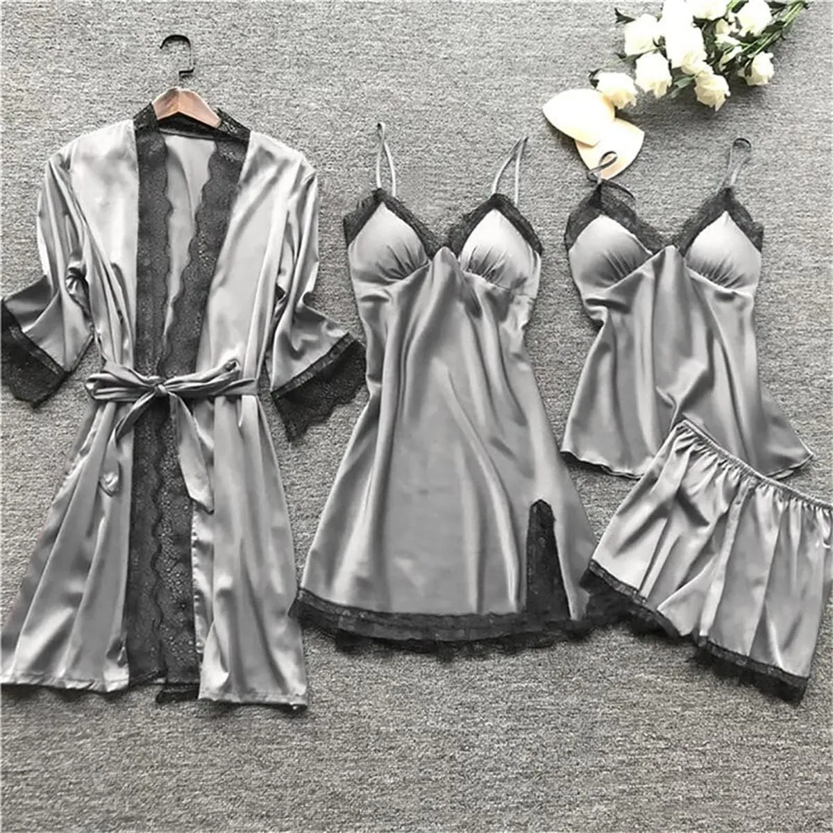 Sexy Pajamas for Women Silk Pajama Set 4pcs Robe Lingerie Satin Sleepwear Nightdress Lace Kimono Nightgown Sets Pjs