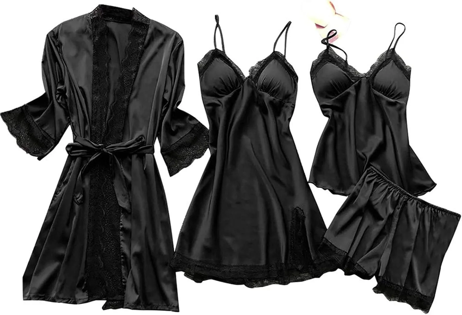 Sexy Pajamas for Women Silk Pajama Set 4pcs Robe Lingerie Satin Sleepwear Nightdress Lace Kimono Nightgown Sets Pjs