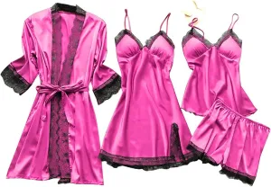 Sexy Pajamas for Women Silk Pajama Set 4pcs Robe Lingerie Satin Sleepwear Nightdress Lace Kimono Nightgown Sets Pjs