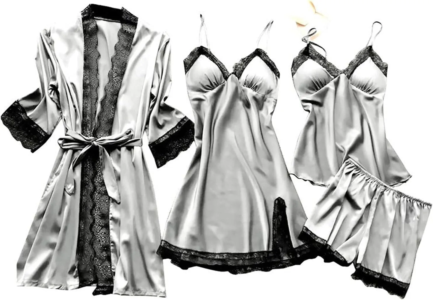 Sexy Pajamas for Women Silk Pajama Set 4pcs Robe Lingerie Satin Sleepwear Nightdress Lace Kimono Nightgown Sets Pjs