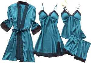 Sexy Pajamas for Women Silk Pajama Set 4pcs Robe Lingerie Satin Sleepwear Nightdress Lace Kimono Nightgown Sets Pjs