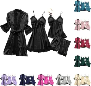 Sexy Pajamas for Women Silk Pajama Set 4pcs Robe Lingerie Satin Sleepwear Nightdress Lace Kimono Nightgown Sets Pjs