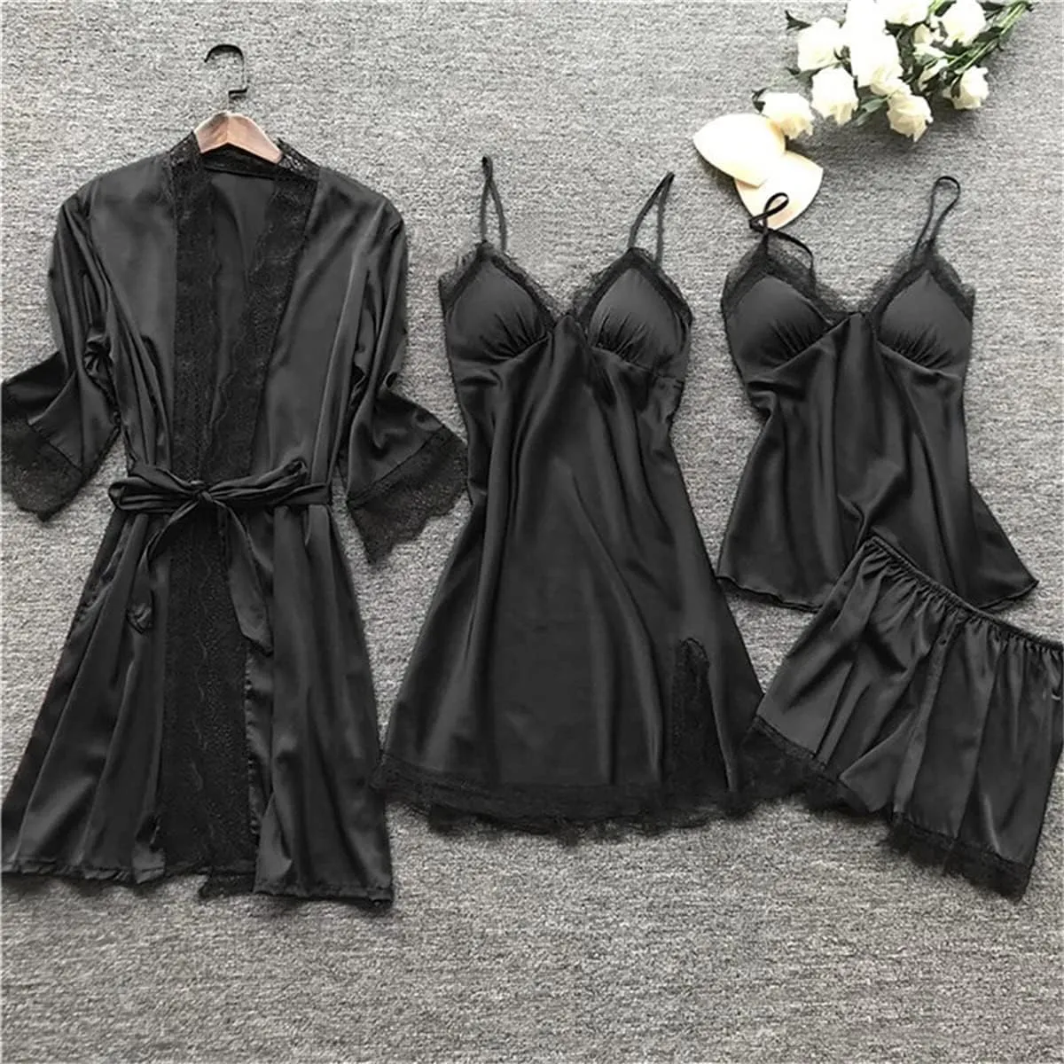 Sexy Pajamas for Women Silk Pajama Set 4pcs Robe Lingerie Satin Sleepwear Nightdress Lace Kimono Nightgown Sets Pjs