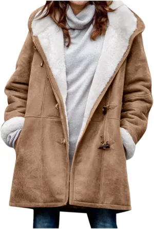 SHAOBGE Warm Jackets Size Plus Coat Horn Plus Long Solid Buckle Overcoat Sleeve Pocket Women Winter Velvet Women's Jacket