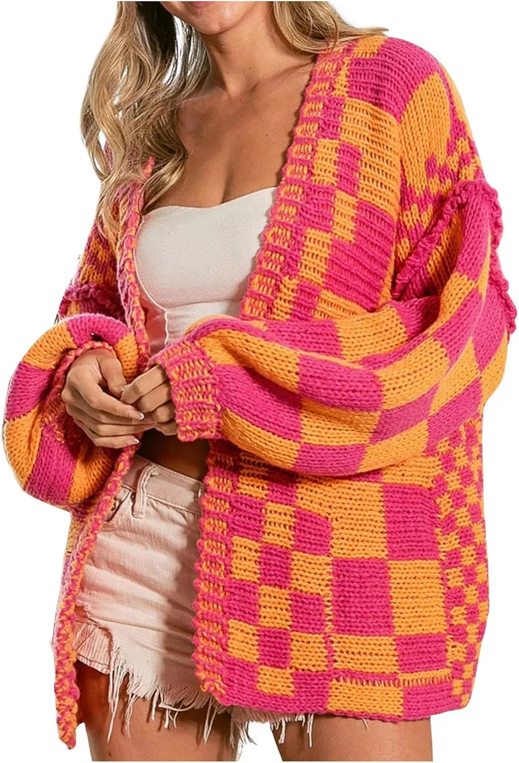 SHENHE Women's Checkered Cardigan Plaid Open Front Knitted Loose Chunky Cardigan Sweater Outwear
