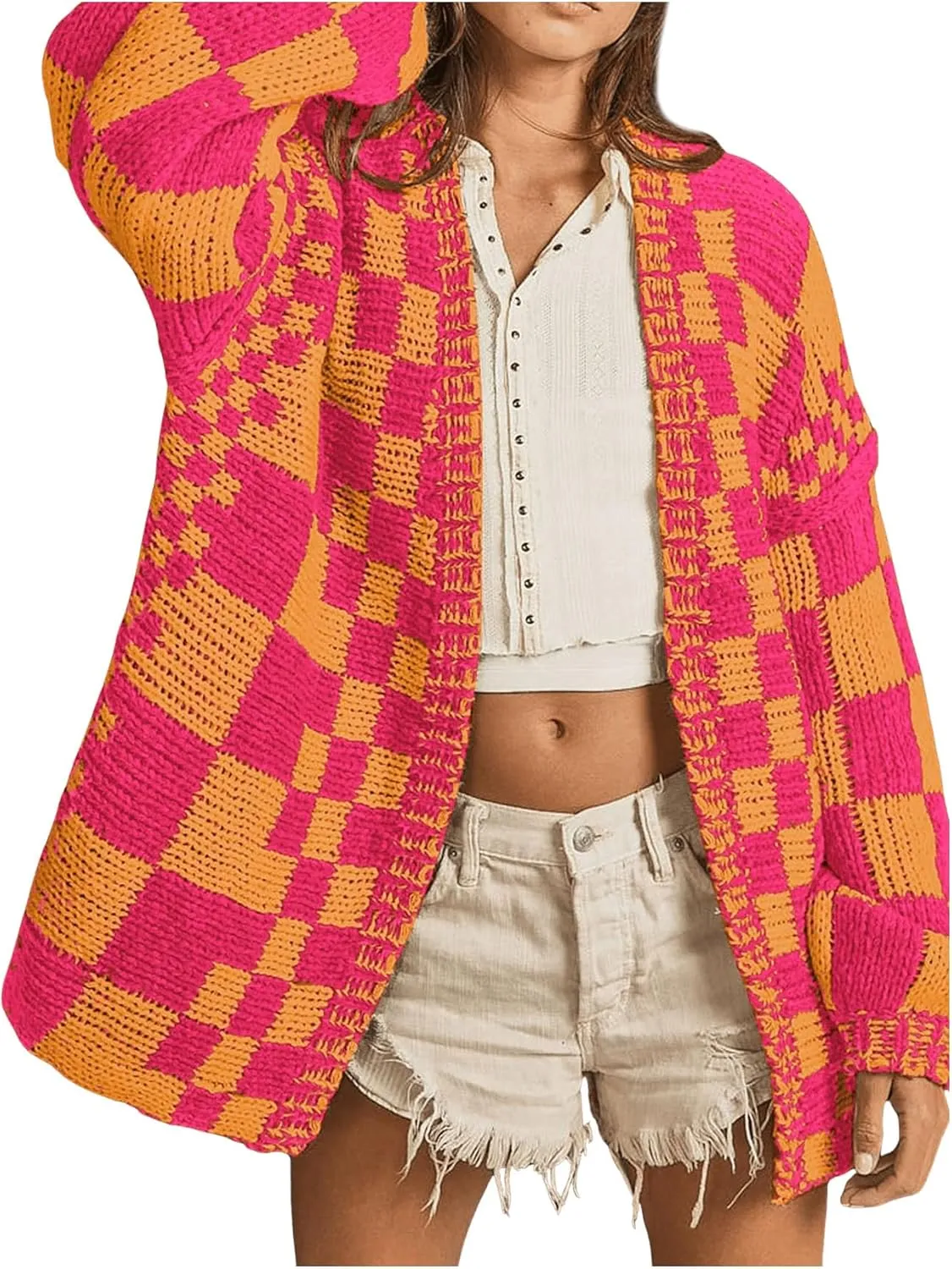 SHENHE Women's Checkered Cardigan Plaid Open Front Knitted Loose Chunky Cardigan Sweater Outwear