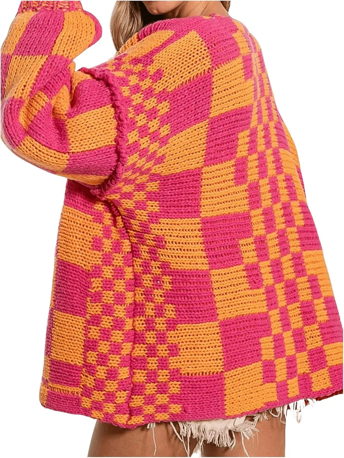 SHENHE Women's Checkered Cardigan Plaid Open Front Knitted Loose Chunky Cardigan Sweater Outwear