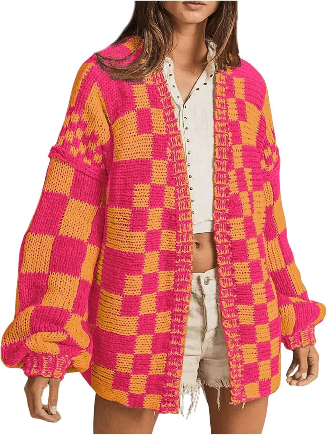 SHENHE Women's Checkered Cardigan Plaid Open Front Knitted Loose Chunky Cardigan Sweater Outwear