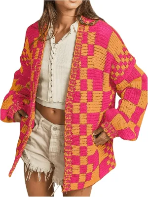 SHENHE Women's Checkered Cardigan Plaid Open Front Knitted Loose Chunky Cardigan Sweater Outwear