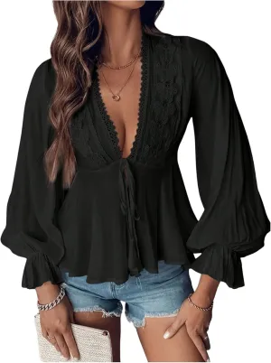 SHENHE Women's Tie Front Lace Trim Long Sleeve Peplum Blouse Deep V Neck Ruffle Babydoll Top