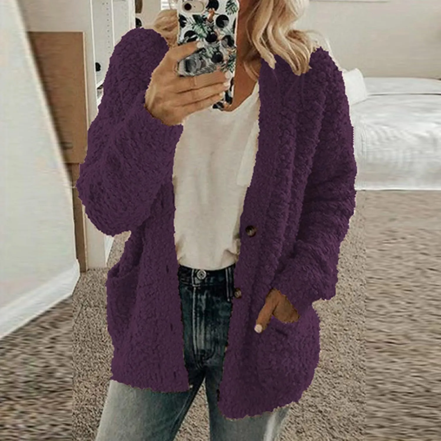 Sherpa Jacket Women 2024 Plus Size Open Front Long Sleeve Button Coat Casual Fuzzy Fall Winter Cardigan Outerwear