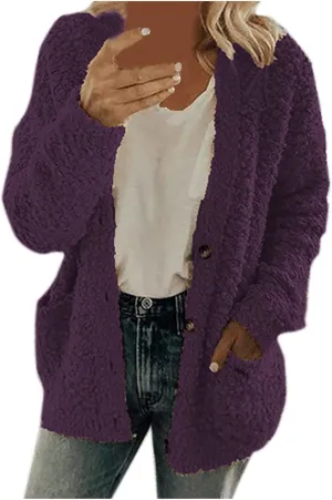 Sherpa Jacket Women 2024 Plus Size Open Front Long Sleeve Button Coat Casual Fuzzy Fall Winter Cardigan Outerwear
