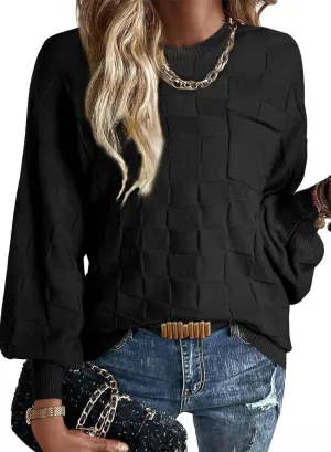 SHEWIN Womens Sweaters 2025 Casual Crewneck Long Sleeve Lightweight Checkered Knit Knit Pullover Sweater Tops