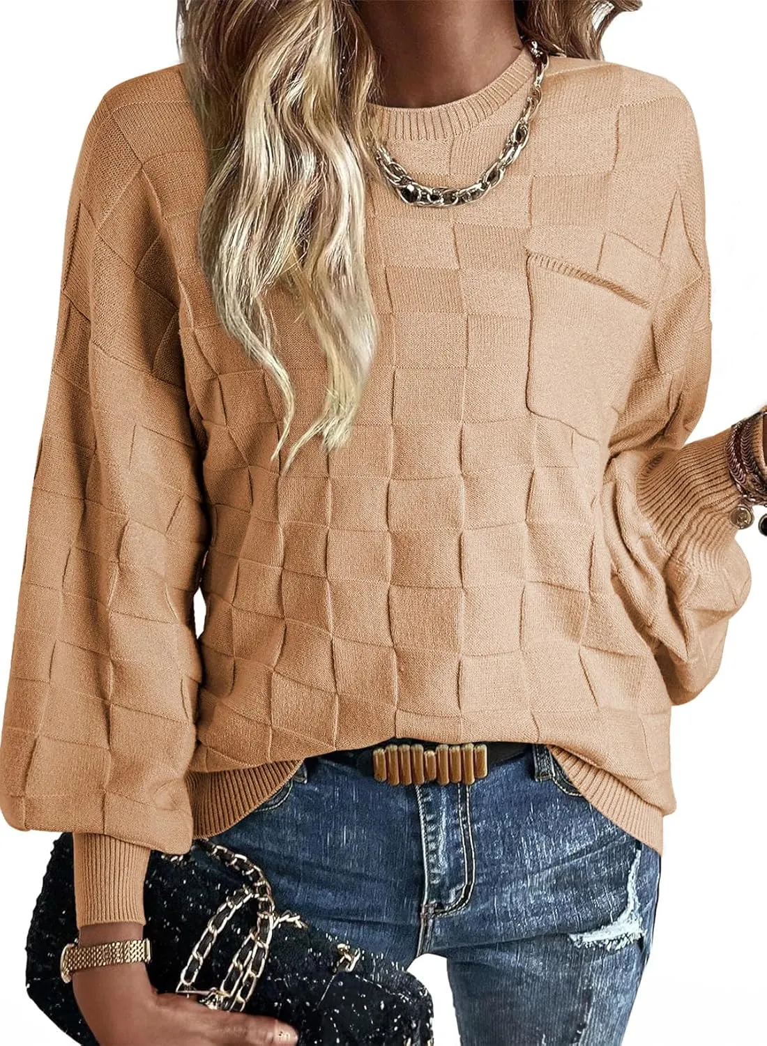 SHEWIN Womens Sweaters 2025 Casual Crewneck Long Sleeve Lightweight Checkered Knit Knit Pullover Sweater Tops