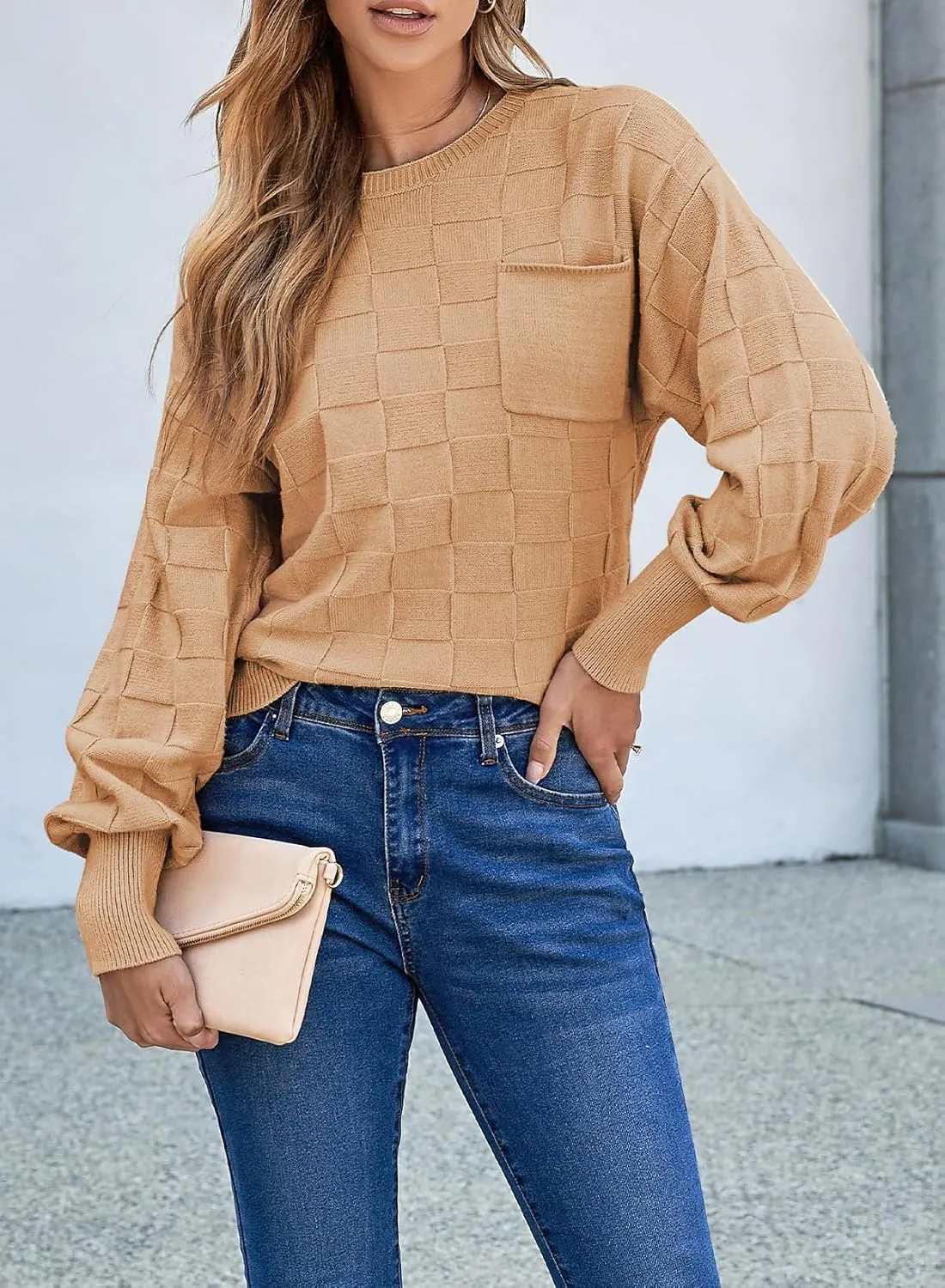 SHEWIN Womens Sweaters 2025 Casual Crewneck Long Sleeve Lightweight Checkered Knit Knit Pullover Sweater Tops