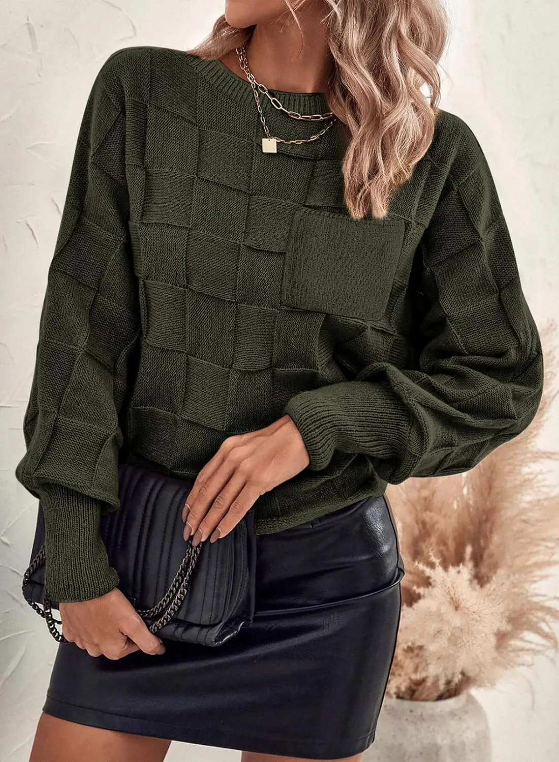 SHEWIN Womens Sweaters 2025 Casual Crewneck Long Sleeve Lightweight Checkered Knit Knit Pullover Sweater Tops