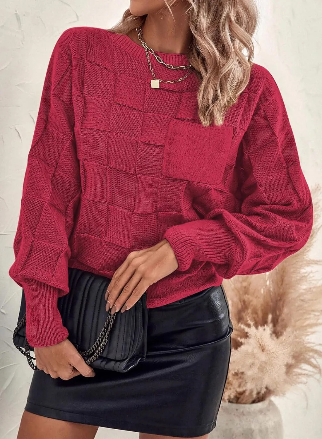 SHEWIN Womens Sweaters 2025 Casual Crewneck Long Sleeve Lightweight Checkered Knit Knit Pullover Sweater Tops