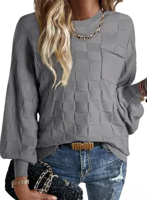 SHEWIN Womens Sweaters 2025 Casual Crewneck Long Sleeve Lightweight Checkered Knit Knit Pullover Sweater Tops