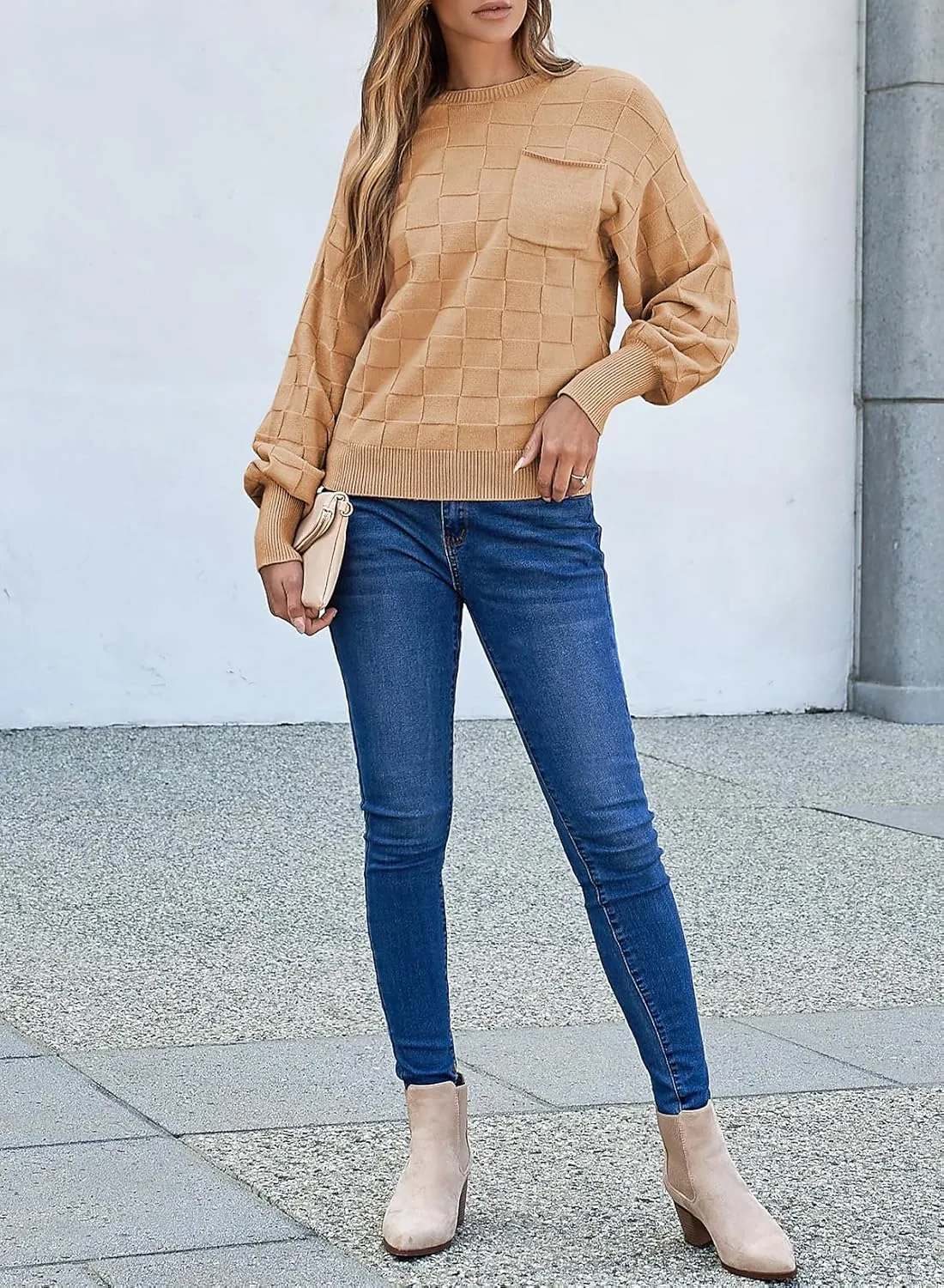 SHEWIN Womens Sweaters 2025 Casual Crewneck Long Sleeve Lightweight Checkered Knit Knit Pullover Sweater Tops
