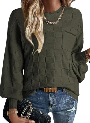 SHEWIN Womens Sweaters 2025 Casual Crewneck Long Sleeve Lightweight Checkered Knit Knit Pullover Sweater Tops