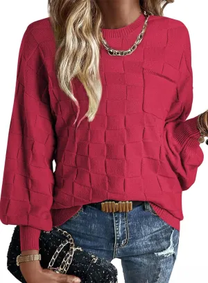 SHEWIN Womens Sweaters 2025 Casual Crewneck Long Sleeve Lightweight Checkered Knit Knit Pullover Sweater Tops