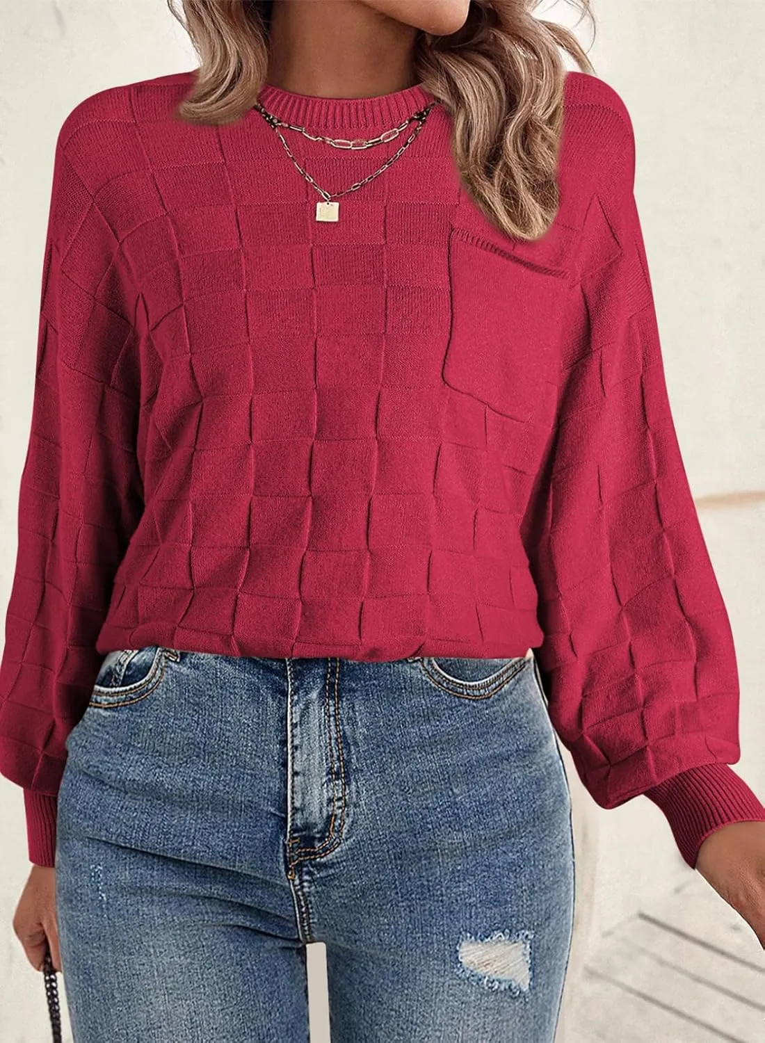 SHEWIN Womens Sweaters 2025 Casual Crewneck Long Sleeve Lightweight Checkered Knit Knit Pullover Sweater Tops