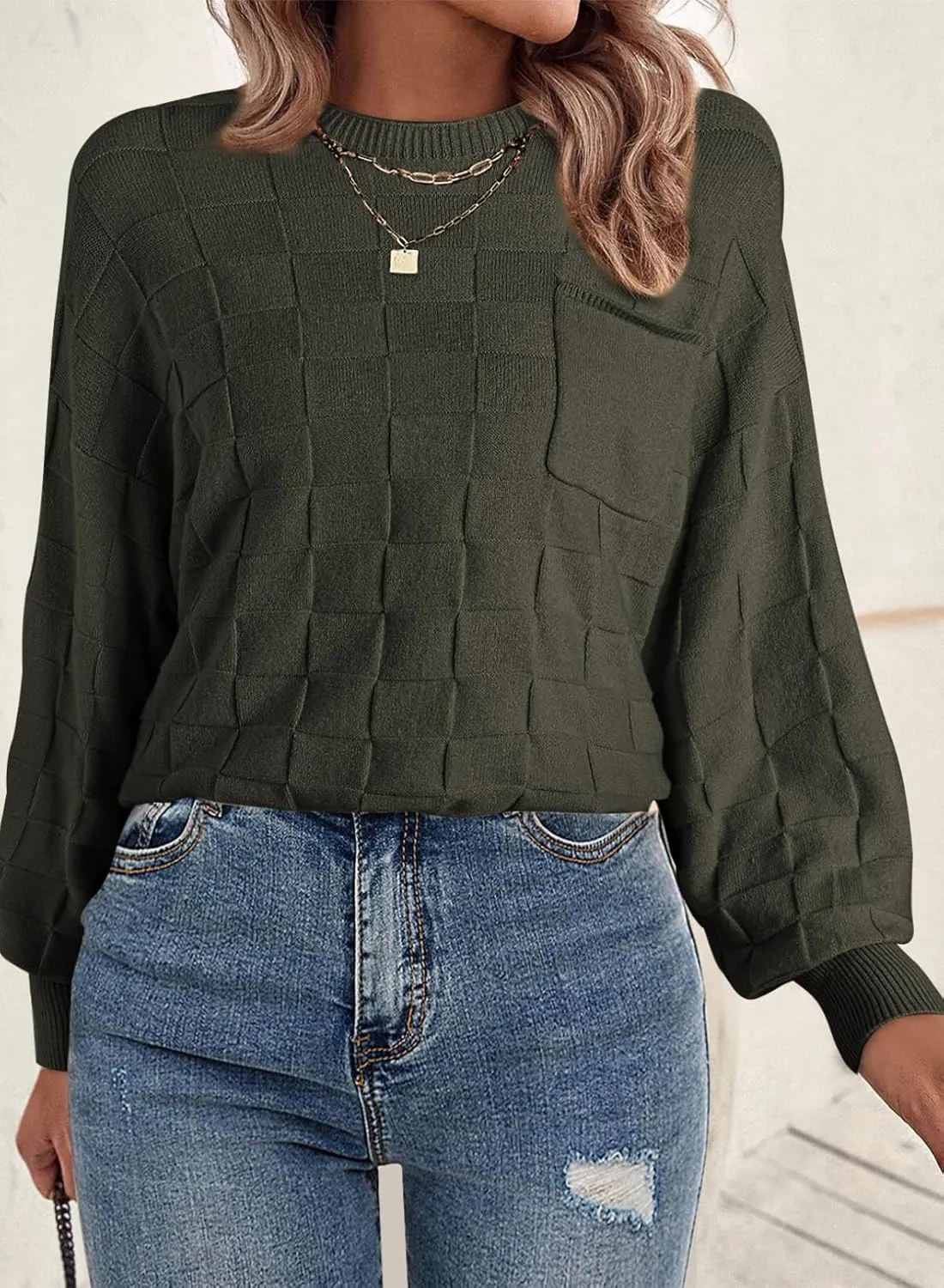 SHEWIN Womens Sweaters 2025 Casual Crewneck Long Sleeve Lightweight Checkered Knit Knit Pullover Sweater Tops