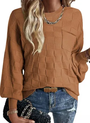 SHEWIN Womens Sweaters 2025 Casual Crewneck Long Sleeve Lightweight Checkered Knit Knit Pullover Sweater Tops