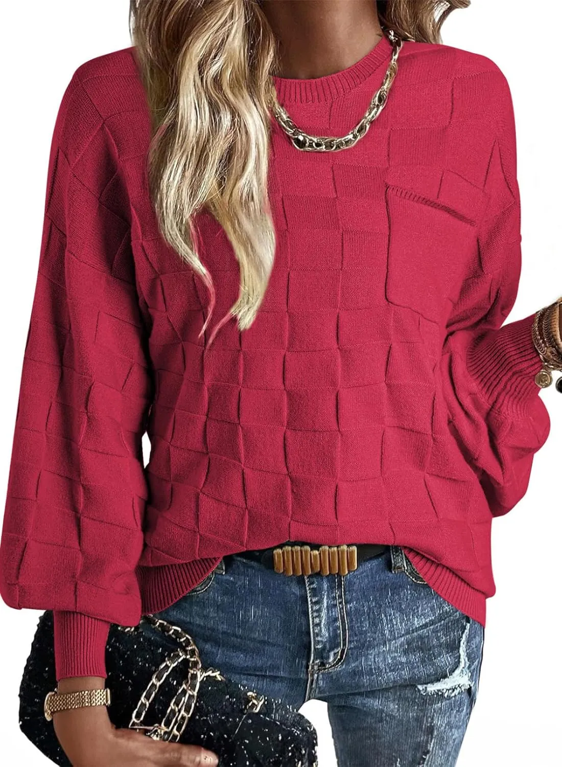 SHEWIN Womens Sweaters 2025 Casual Crewneck Long Sleeve Lightweight Checkered Knit Knit Pullover Sweater Tops
