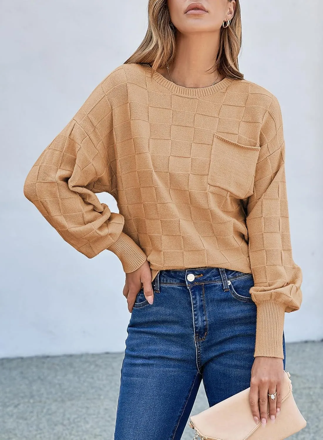 SHEWIN Womens Sweaters 2025 Casual Crewneck Long Sleeve Lightweight Checkered Knit Knit Pullover Sweater Tops