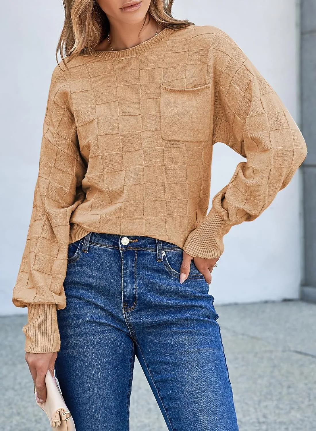 SHEWIN Womens Sweaters 2025 Casual Crewneck Long Sleeve Lightweight Checkered Knit Knit Pullover Sweater Tops
