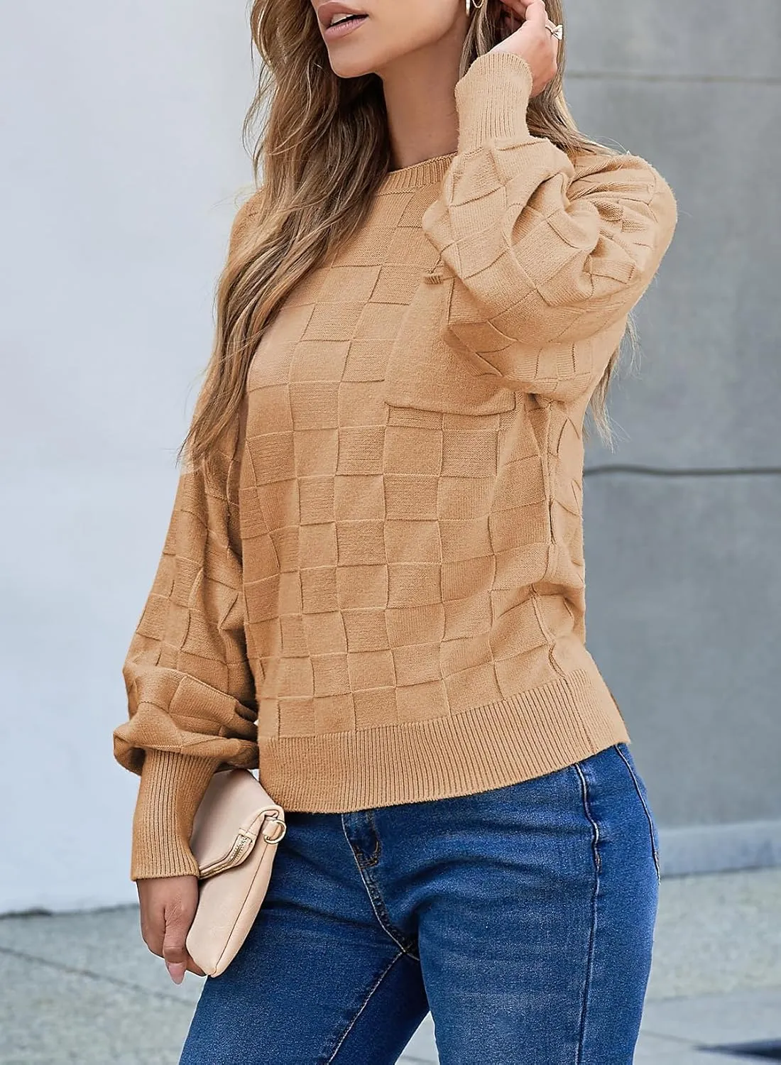 SHEWIN Womens Sweaters 2025 Casual Crewneck Long Sleeve Lightweight Checkered Knit Knit Pullover Sweater Tops