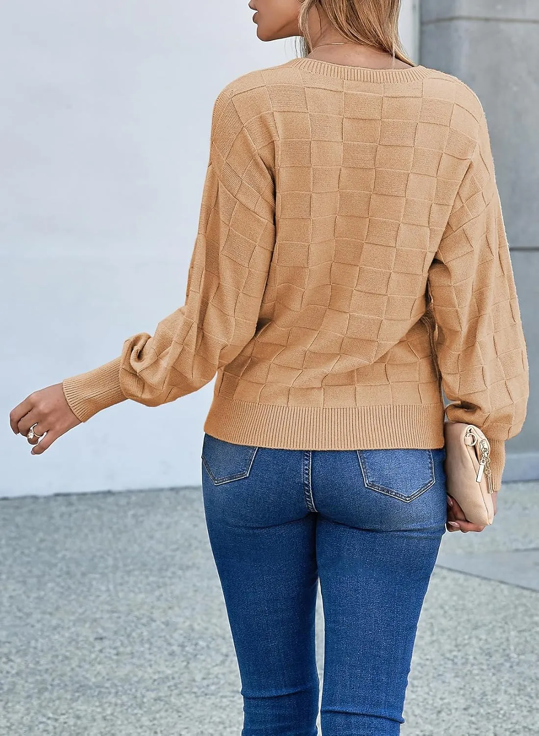 SHEWIN Womens Sweaters 2025 Casual Crewneck Long Sleeve Lightweight Checkered Knit Knit Pullover Sweater Tops