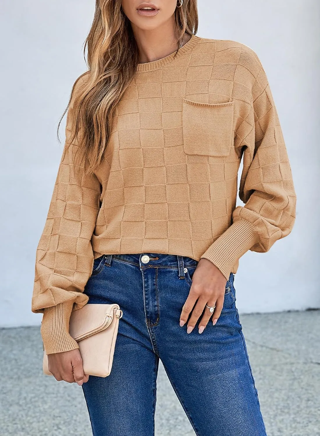SHEWIN Womens Sweaters 2025 Casual Crewneck Long Sleeve Lightweight Checkered Knit Knit Pullover Sweater Tops