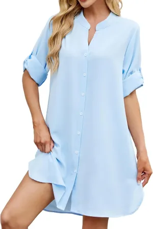 Shirt Dresses for Women 2025 Summer Cinched V Neck Button Down Shirt Dresses Pleated Empire Waist Loose Mini Dress