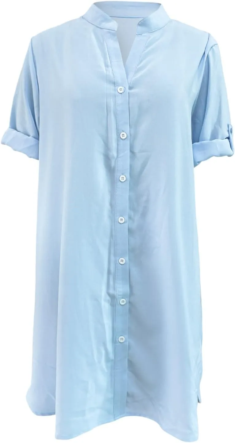 Shirt Dresses for Women 2025 Summer Cinched V Neck Button Down Shirt Dresses Pleated Empire Waist Loose Mini Dress