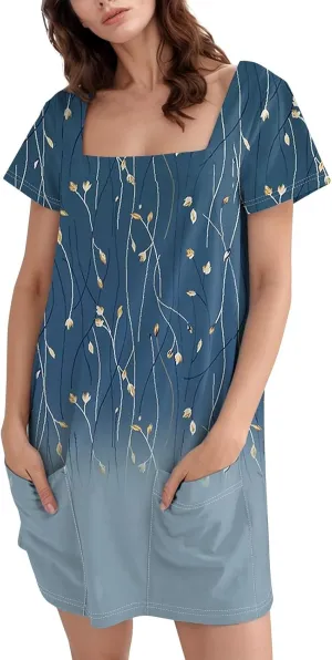 Shirt Dresses for Women Summer Vacation Dresses Square Neck Short Sleeve Beach Mini Dress with Pockets