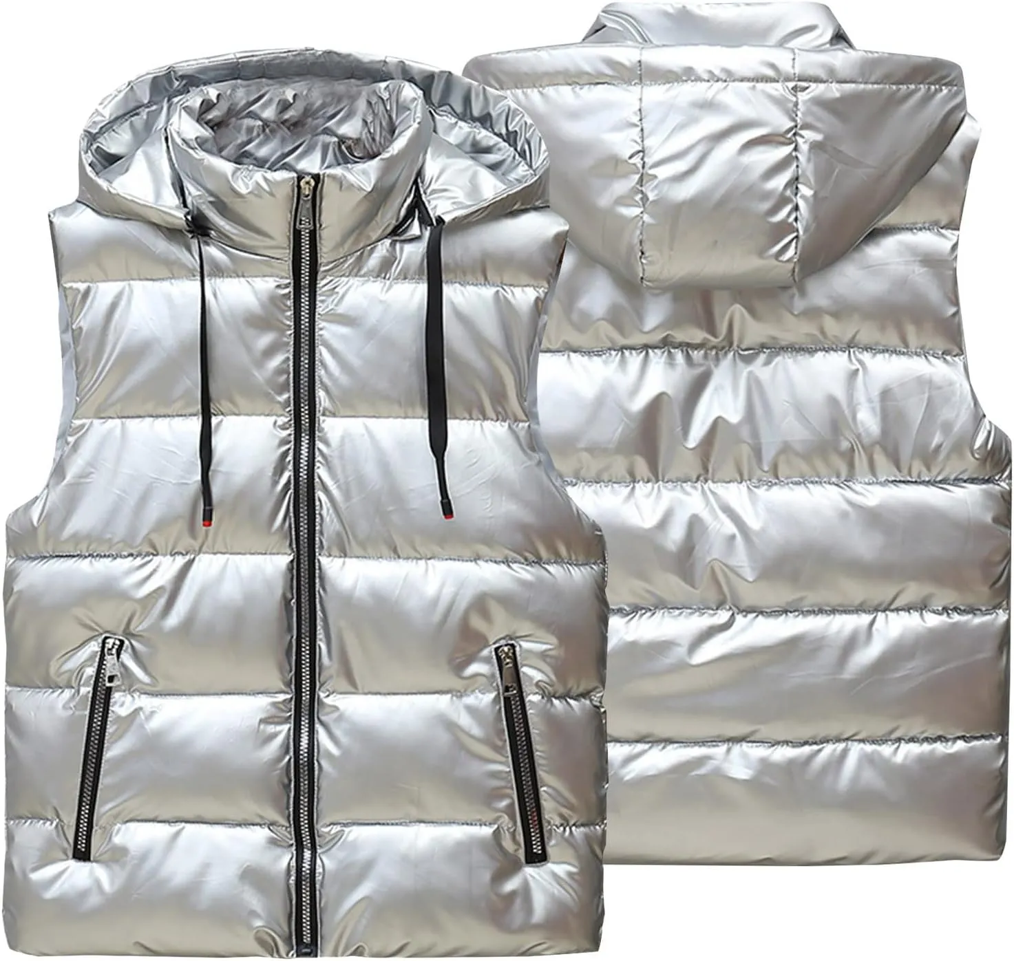 SHOPESSA Womens Shiny Puffer Vest Warm Down Jacket with Hood Womens Winter Coats Plus Size Fashion 2023 Outerwear