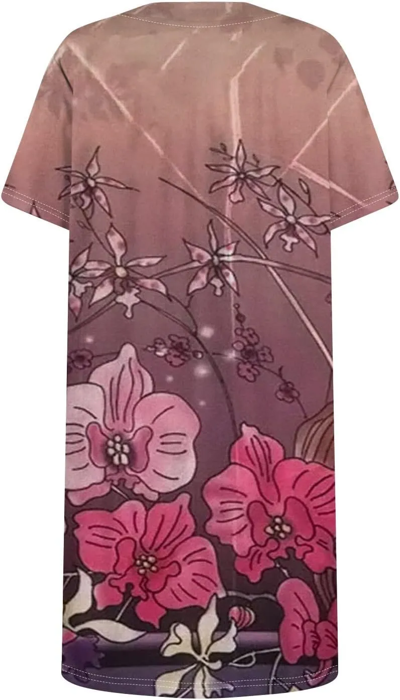 Short Dress for Women Summer Elegant Dresses Square Neck Short Sleeve Loose Fit T-Shirt Dress with Pockets
