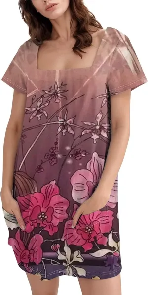Short Dress for Women Summer Elegant Dresses Square Neck Short Sleeve Loose Fit T-Shirt Dress with Pockets
