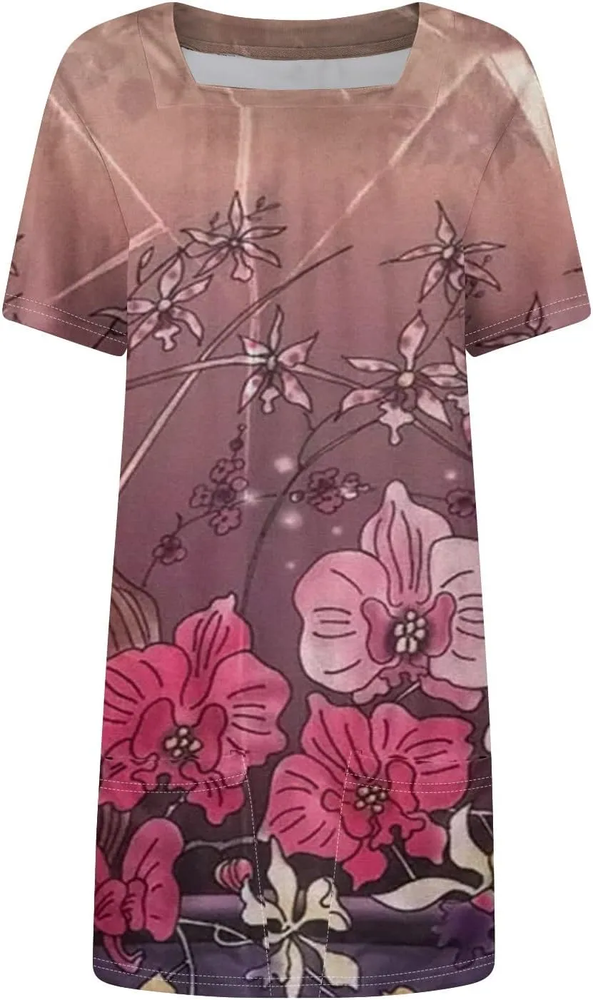 Short Dress for Women Summer Elegant Dresses Square Neck Short Sleeve Loose Fit T-Shirt Dress with Pockets