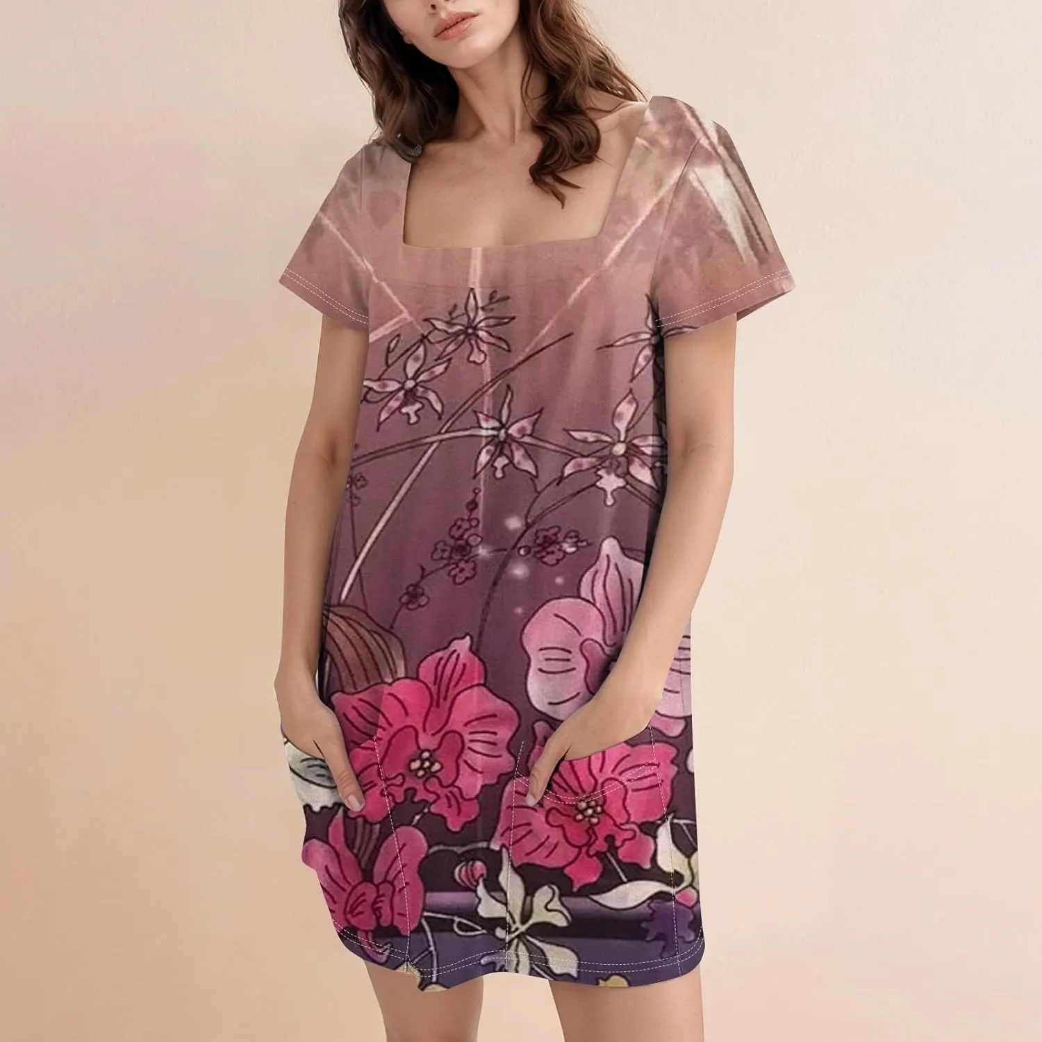 Short Dress for Women Summer Elegant Dresses Square Neck Short Sleeve Loose Fit T-Shirt Dress with Pockets