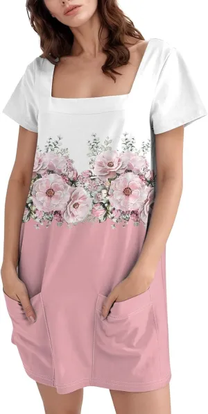 Short Dress for Women Summer Elegant Dresses Square Neck Short Sleeve Loose Fit T-Shirt Dress with Pockets