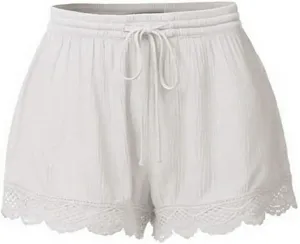 Shorts for Women Casual Elastic Waist Drawstring Yoga Lounge Shorts Comfy Stretch Lace Trim Summer Beach Linen Ruffle Shorts